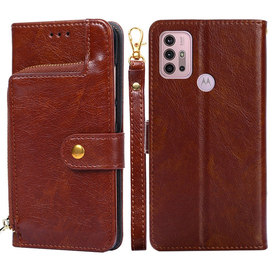 For Motorola Moto G30 Zipper Bag PU + TPU Horizontal Flip Leather Case with Holder & Card Slot & Wallet & Lanyard(Brown) - Motorola Cases by buy2fix | Online Shopping UK | buy2fix