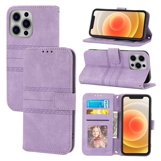 For iPhone 13 Pro Max Embossed Striped Magnetic Buckle PU + TPU Horizontal Flip Leather Case with Holder & Card Slot & Wallet & Photo Frame & Sling (Purple) - iPhone 13 Pro Max Cases by buy2fix | Online Shopping UK | buy2fix