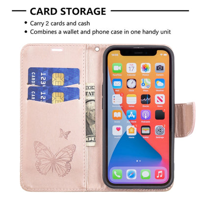 For iPhone 13 Embossing Two Butterflies Pattern Horizontal Flip PU Leather Case with Holder & Card Slot & Wallet & Lanyard(Rose Gold) - iPhone 13 Cases by buy2fix | Online Shopping UK | buy2fix