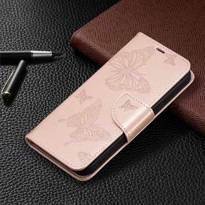 For iPhone 13 Embossing Two Butterflies Pattern Horizontal Flip PU Leather Case with Holder & Card Slot & Wallet & Lanyard(Rose Gold) - iPhone 13 Cases by buy2fix | Online Shopping UK | buy2fix