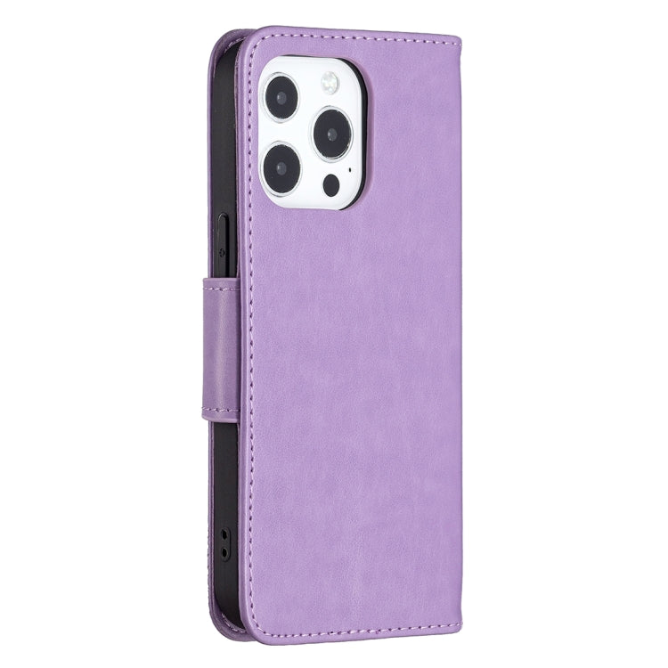 For iPhone 13 Pro Embossing Two Butterflies Pattern Horizontal Flip PU Leather Case with Holder & Card Slot & Wallet & Lanyard (Purple) - iPhone 13 Pro Cases by buy2fix | Online Shopping UK | buy2fix