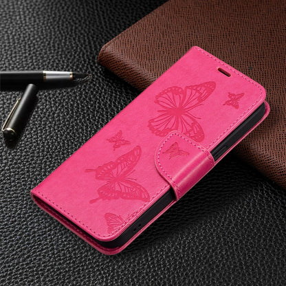 For iPhone 13 Pro Max Embossing Two Butterflies Pattern Horizontal Flip PU Leather Case with Holder & Card Slot & Wallet & Lanyard (Rose Red) - iPhone 13 Pro Max Cases by buy2fix | Online Shopping UK | buy2fix