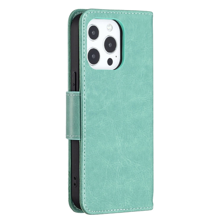 For iPhone 13 Pro Max Embossing Two Butterflies Pattern Horizontal Flip PU Leather Case with Holder & Card Slot & Wallet & Lanyard (Green) - iPhone 13 Pro Max Cases by buy2fix | Online Shopping UK | buy2fix