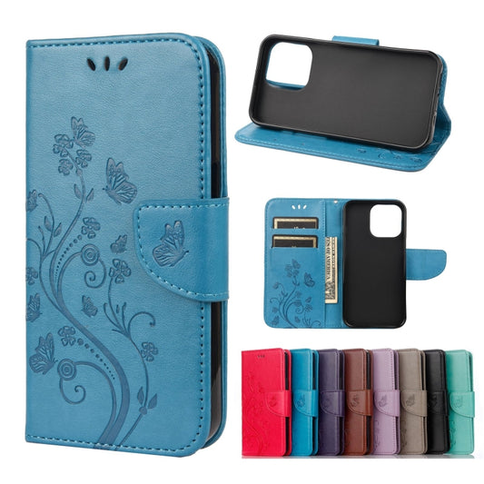 For iPhone 13 Butterfly Flower Pattern Horizontal Flip Leather Case with Holder & Card Slots & Wallet(Blue) - iPhone 13 Cases by buy2fix | Online Shopping UK | buy2fix