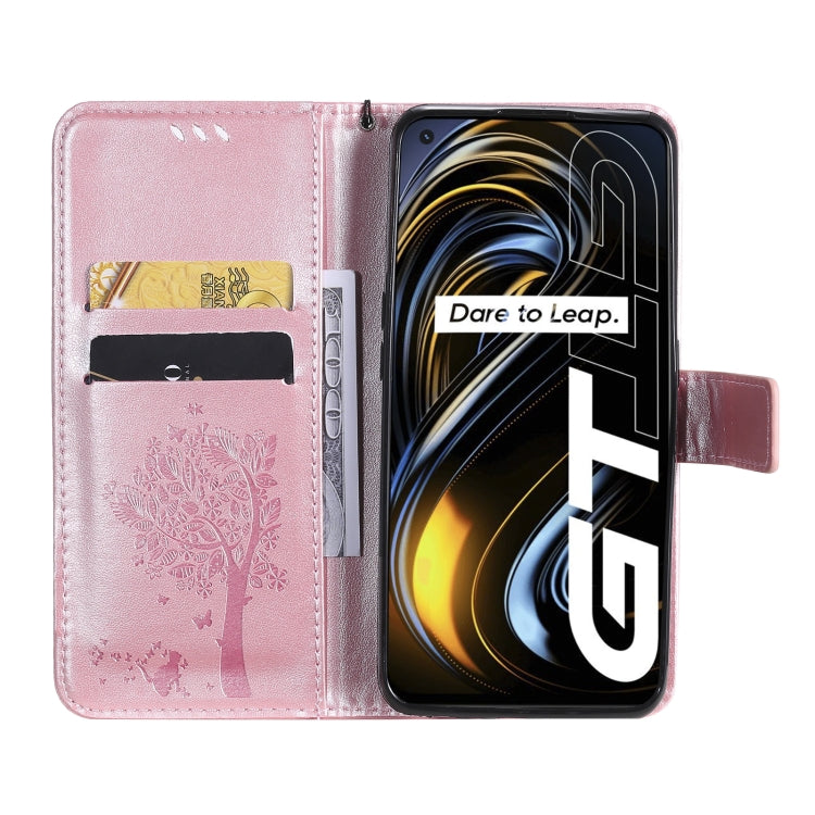 Tree & Cat Pattern Pressed Printing Horizontal Flip PU Leather Case with Holder & Card Slots & Wallet & Lanyard For OPPO Realme GT 5G(Rose Gold) - Realme Cases by buy2fix | Online Shopping UK | buy2fix