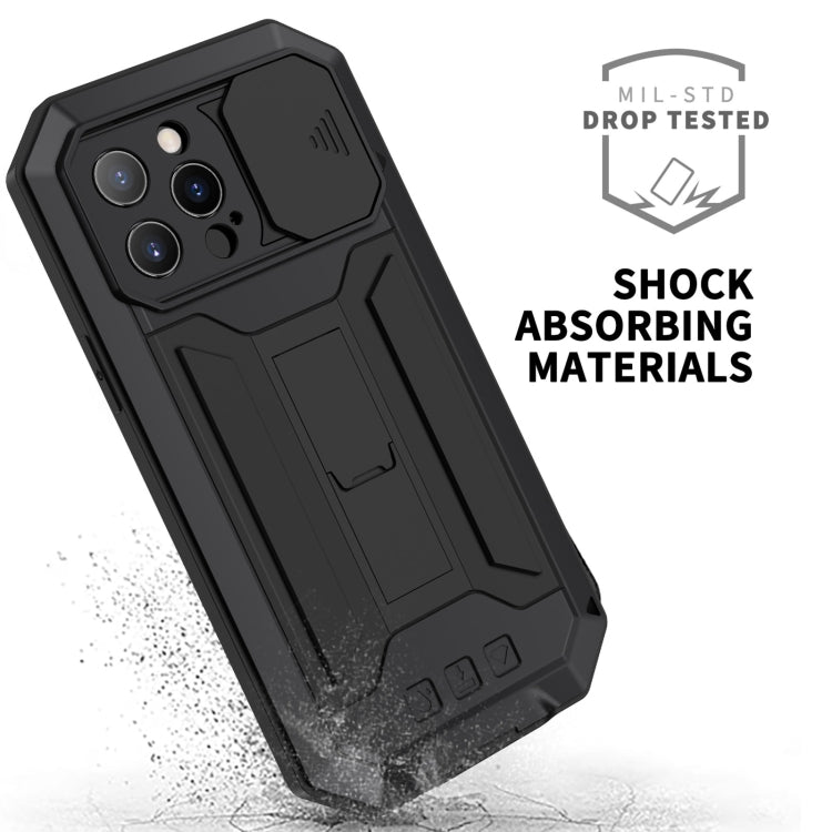 For iPhone 13 Pro R-JUST Sliding Camera Shockproof Life Waterproof Dust-proof Metal + Silicone Protective Case with Holder (Black) - iPhone 13 Pro Cases by R-JUST | Online Shopping UK | buy2fix