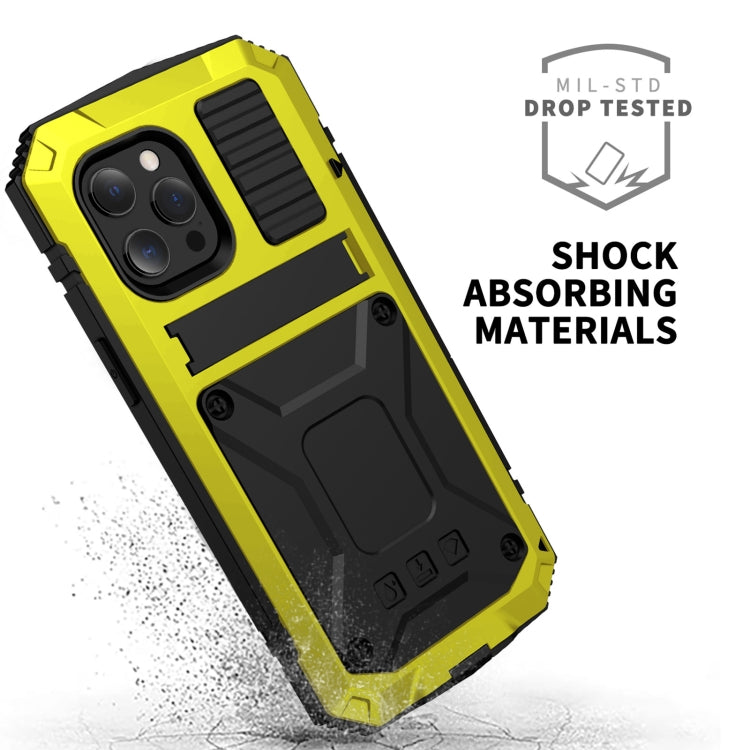 For iPhone 13 Pro R-JUST Shockproof Waterproof Dust-proof Metal + Silicone Protective Case with Holder (Yellow) - iPhone 13 Pro Cases by R-JUST | Online Shopping UK | buy2fix