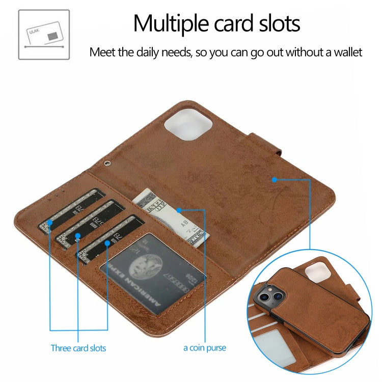 For iPhone 13 Retro 2 in 1 Detachable Horizontal Flip Leather Case with Card Slots & Wallet(Brown) - iPhone 13 Cases by buy2fix | Online Shopping UK | buy2fix