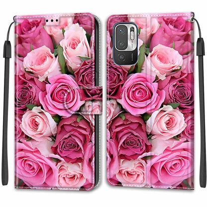 Voltage Coloured Drawing Magnetic Clasp Horizontal Flip PU Leather Case with Holder & Card Slots For Xiaomi Redmi Note 10 5G(C17 Green Leaf Pink Rose) - Xiaomi Cases by buy2fix | Online Shopping UK | buy2fix