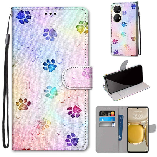 For Huawei P50 Pro Coloured Drawing Cross Texture Horizontal Flip PU Leather Case with Holder & Card Slots & Wallet & Lanyard(Footprint Water Drops) - Huawei Cases by buy2fix | Online Shopping UK | buy2fix