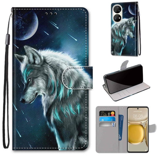 For Huawei P50 Pro Coloured Drawing Cross Texture Horizontal Flip PU Leather Case with Holder & Card Slots & Wallet & Lanyard(Pensive Wolf) - Huawei Cases by buy2fix | Online Shopping UK | buy2fix