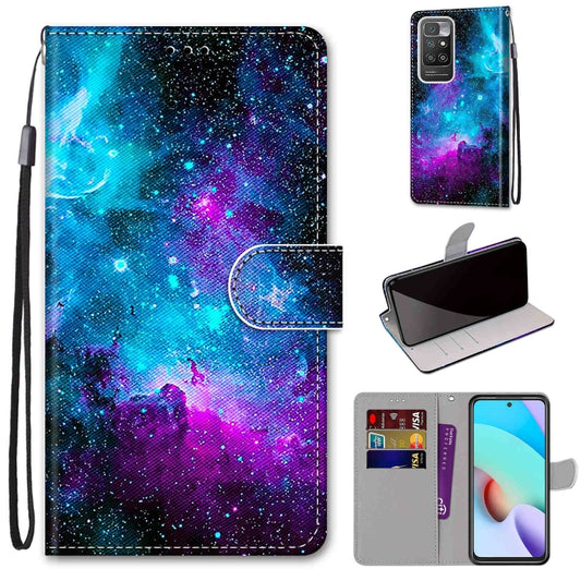 For Xiaomi Redmi 10 Coloured Drawing Cross Texture Horizontal Flip PU Leather Case with Holder & Card Slots & Wallet & Lanyard(Purple Green Starry Sky) - Xiaomi Cases by buy2fix | Online Shopping UK | buy2fix