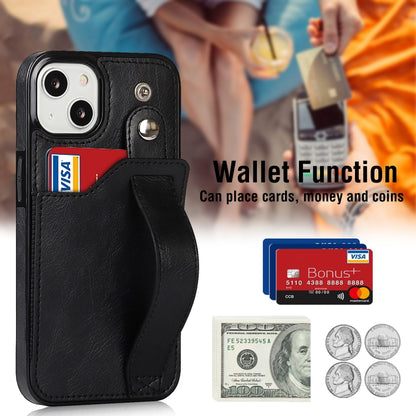 For iPhone 13 Crazy Horse Texture Shockproof TPU + PU Leather Case with Card Slot & Wrist Strap Holder(Black) - iPhone 13 Cases by buy2fix | Online Shopping UK | buy2fix