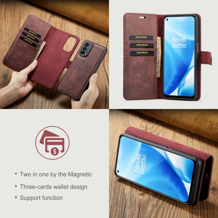 For OnePlus Nord 2 5G DG.MING Crazy Horse Texture Flip Detachable Magnetic Leather Case with Holder & Card Slots & Wallet(Red) - OnePlus Cases by DG.MING | Online Shopping UK | buy2fix