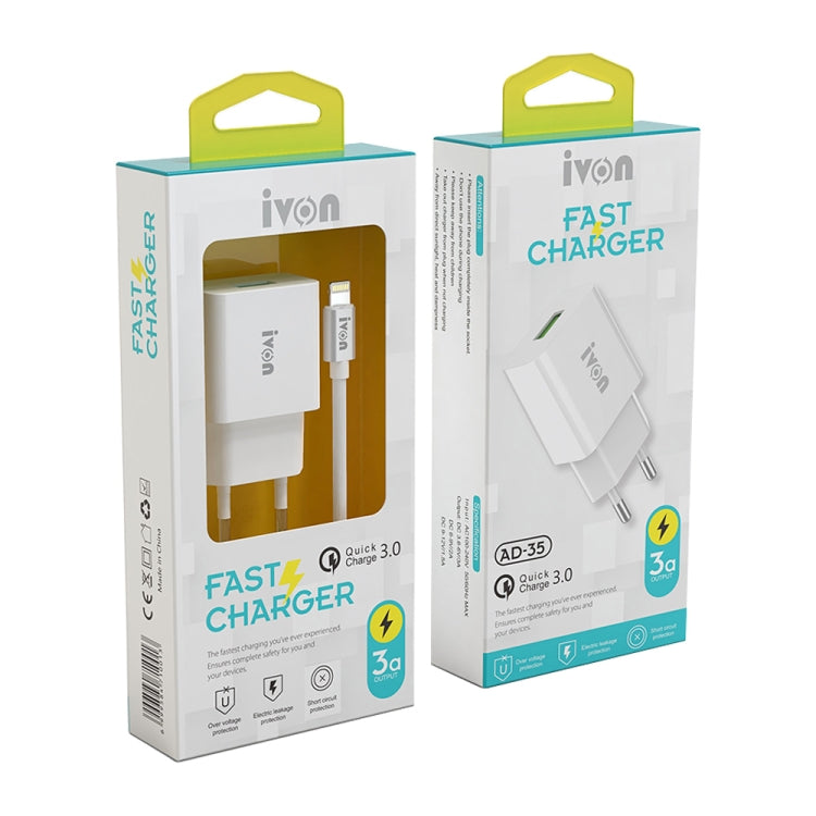 IVON AD-35 2 in 1 18W QC3.0 USB Port Travel Charger + 1m USB to USB-C / Type-C Data Cable Set, EU Plug(White) - USB Charger by IVON | Online Shopping UK | buy2fix