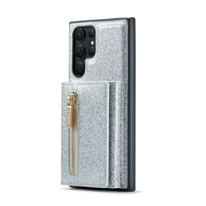 For Samsung Galaxy S22 Ultra 5G DG.MING M3 Series Glitter Powder Card Bag Leather Case(Silver) - Galaxy S22 Ultra 5G Cases by DG.MING | Online Shopping UK | buy2fix