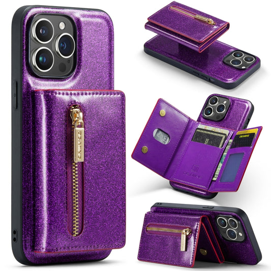 For iPhone 14 Pro DG.MING M3 Series Glitter Powder Card Bag Leather Case(Dark Purple) - iPhone 14 Pro Cases by DG.MING | Online Shopping UK | buy2fix