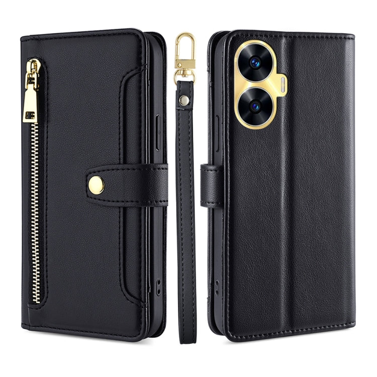 For Realme C55 4G Sheep Texture Cross-body Zipper Wallet Leather Phone Case(Black) - OPPO Cases by buy2fix | Online Shopping UK | buy2fix