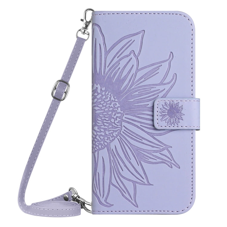 For Xiaomi Redmi Note 13 4G Global Skin Feel Sun Flower Embossed Flip Leather Phone Case with Lanyard(Purple) - Note 13 Cases by buy2fix | Online Shopping UK | buy2fix