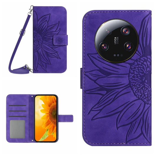 For Xiaomi 14 Ultra Skin Feel Sun Flower Embossed Flip Leather Phone Case with Lanyard(Dark Purple) - 14 Ultra Cases by buy2fix | Online Shopping UK | buy2fix