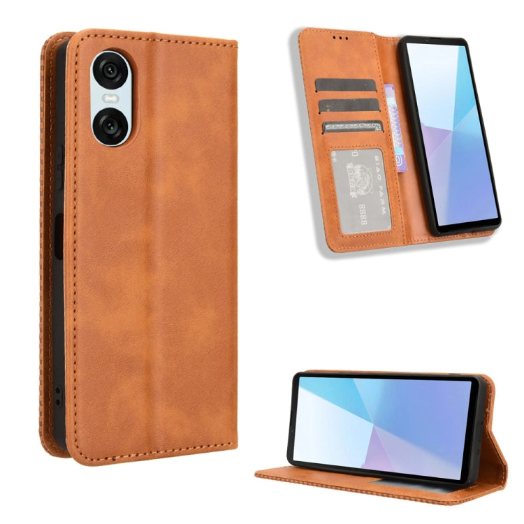 For Sony Xperia 10 VI 2024 Magnetic Buckle Retro Texture Leather Phone Case(Brown) - Sony Cases by buy2fix | Online Shopping UK | buy2fix