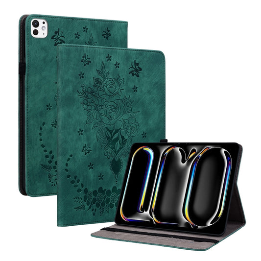 For iPad Pro 11 2024 Butterfly Rose Embossed Leather Smart Tablet Case(Green) - iPad Pro 11 2024 Cases by buy2fix | Online Shopping UK | buy2fix