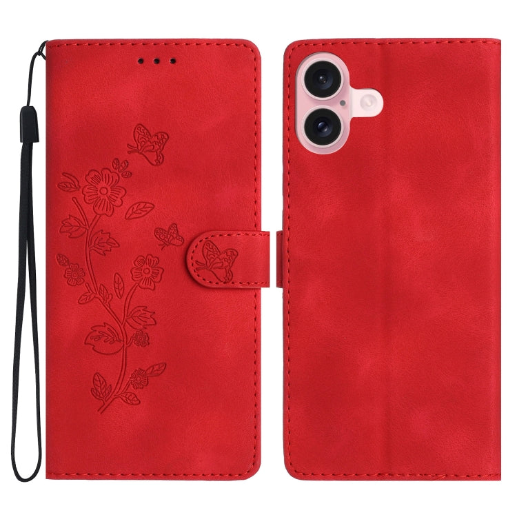 For iPhone 16 Flower Butterfly Embossing Pattern Leather Phone Case(Red) - iPhone 16 Cases by buy2fix | Online Shopping UK | buy2fix