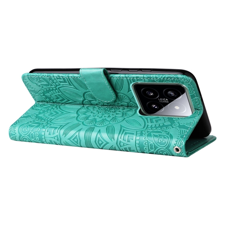 For Xiaomi 14 Embossed Sunflower Leather Phone Case(Green) - 14 Cases by buy2fix | Online Shopping UK | buy2fix