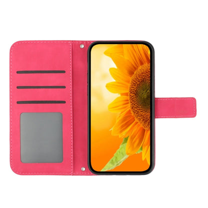 For iPhone 16 Pro Skin Feel Sun Flower Embossed Flip Leather Phone Case with Lanyard(Rose Red) - iPhone 16 Pro Cases by buy2fix | Online Shopping UK | buy2fix