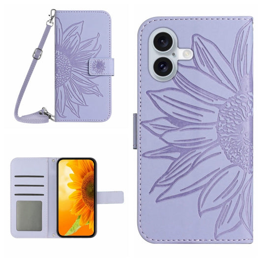 For iPhone 16 Plus Skin Feel Sun Flower Embossed Flip Leather Phone Case with Lanyard(Purple) - iPhone 16 Plus Cases by buy2fix | Online Shopping UK | buy2fix