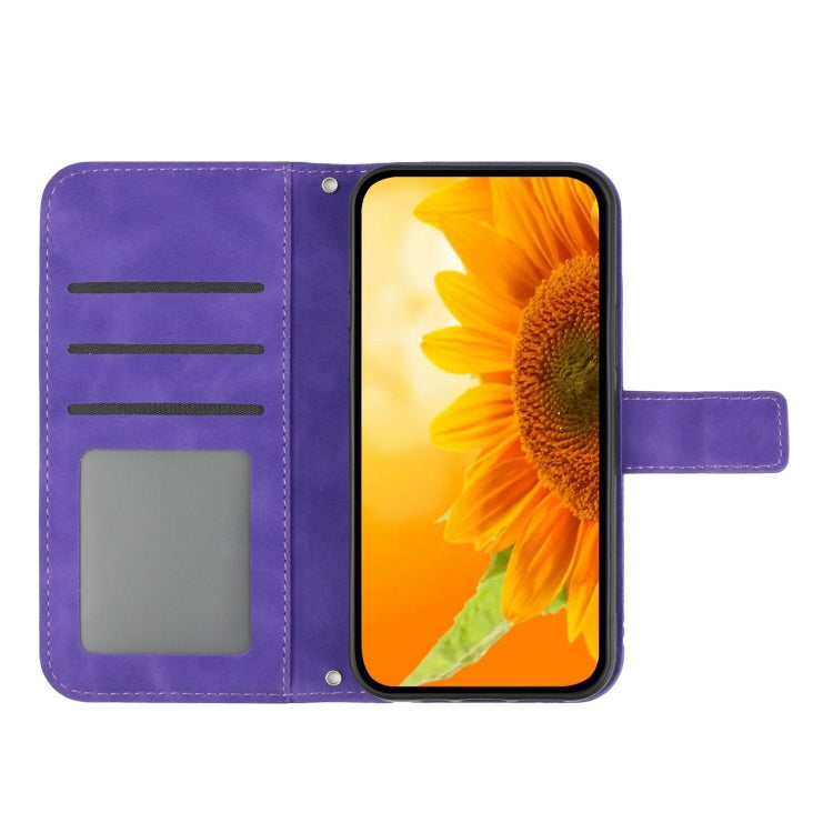 For iPhone 16 Plus Skin Feel Sun Flower Embossed Flip Leather Phone Case with Lanyard(Dark Purple) - iPhone 16 Plus Cases by buy2fix | Online Shopping UK | buy2fix