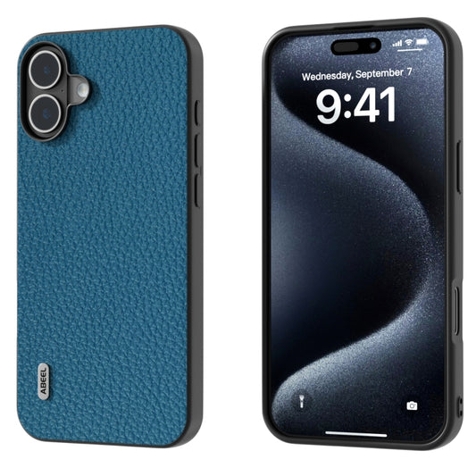 For iPhone 16 Plus ABEEL Genuine Leather Litchi Texture Phone Case(Blue) - iPhone 16 Plus Cases by buy2fix | Online Shopping UK | buy2fix