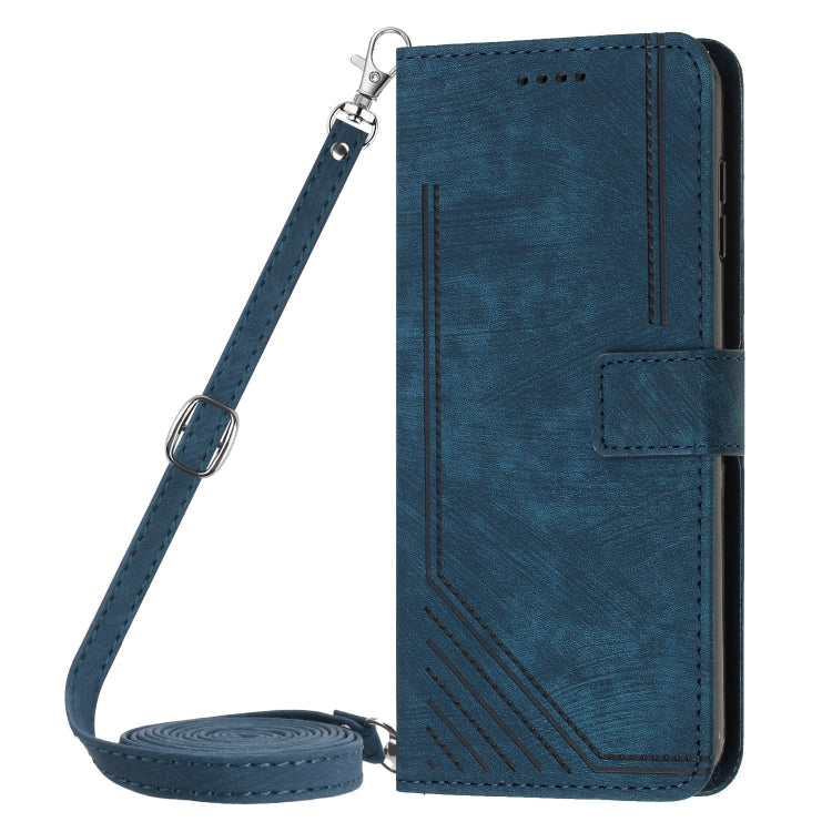 For Infinix Smart 8 Skin Feel Stripe Pattern Leather Phone Case with Lanyard(Blue) - Infinix Cases by buy2fix | Online Shopping UK | buy2fix