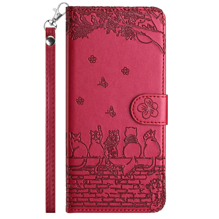 For Samsung Galaxy A24 Cat Embossing Pattern Leather Phone Case with Lanyard(Red) - Galaxy Phone Cases by buy2fix | Online Shopping UK | buy2fix