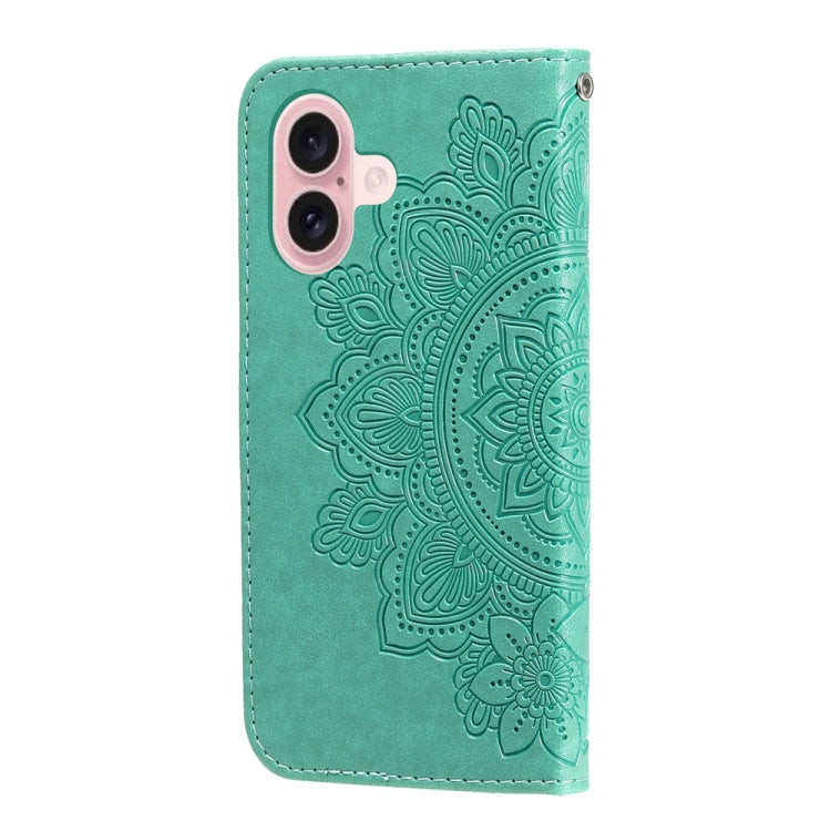 For iPhone 16 7-petal Flowers Embossing Leather Phone Case(Green) - iPhone 16 Cases by buy2fix | Online Shopping UK | buy2fix