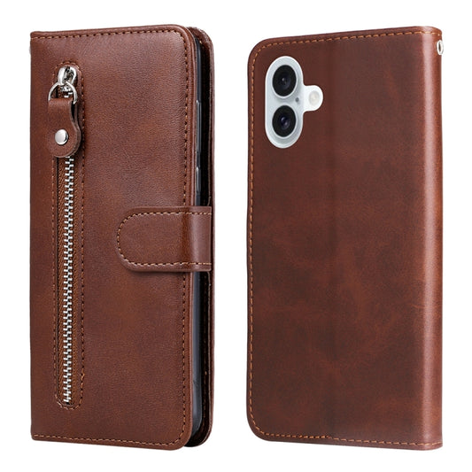 For iPhone 16 Plus Fashion Calf Texture Zipper Leather Phone Case(Brown) - iPhone 16 Plus Cases by buy2fix | Online Shopping UK | buy2fix