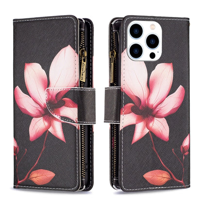 For iPhone 16 Pro Colored Drawing Pattern Zipper Phone Leather Case(Lotus) - iPhone 16 Pro Cases by buy2fix | Online Shopping UK | buy2fix