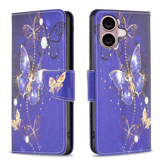 For iPhone 16 Colored Drawing Pattern Flip Leather Phone Case(Purple Butterfly) - iPhone 16 Cases by buy2fix | Online Shopping UK | buy2fix