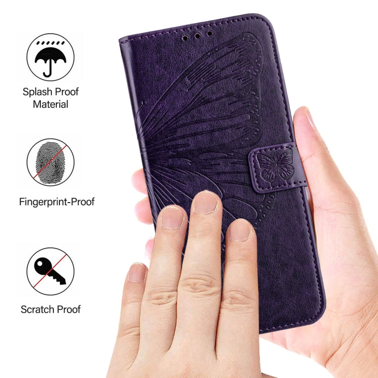 For iPhone 16 Plus Embossed Butterfly Leather Phone Case(Dark Purple) - iPhone 16 Plus Cases by buy2fix | Online Shopping UK | buy2fix