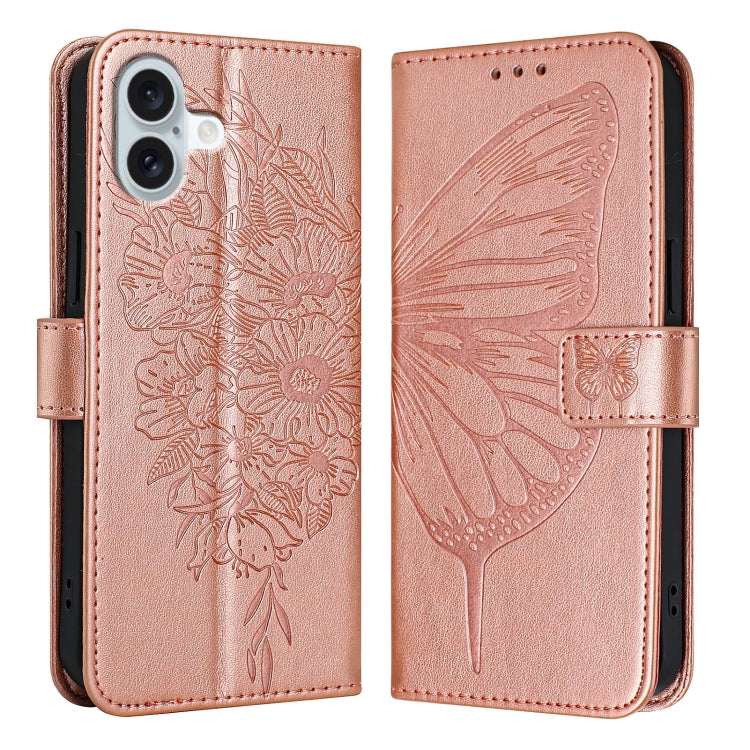 For iPhone 16 Plus Embossed Butterfly Leather Phone Case(Rose Gold) - iPhone 16 Plus Cases by buy2fix | Online Shopping UK | buy2fix