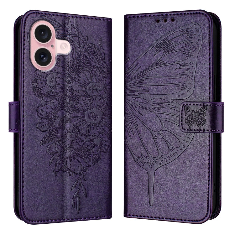 For iPhone 16 Embossed Butterfly Leather Phone Case(Dark Purple) - iPhone 16 Cases by buy2fix | Online Shopping UK | buy2fix