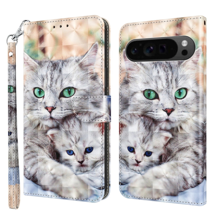 For Google Pixel 9 3D Painted Pattern Leather Phone Case(Two Loving Cats) - Google Cases by buy2fix | Online Shopping UK | buy2fix