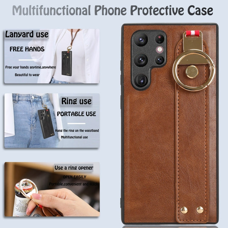 For Samsung Galaxy S22 Ultra 5G Wristband Leather Back Phone Case(Brown) - Galaxy S22 Ultra 5G Cases by buy2fix | Online Shopping UK | buy2fix