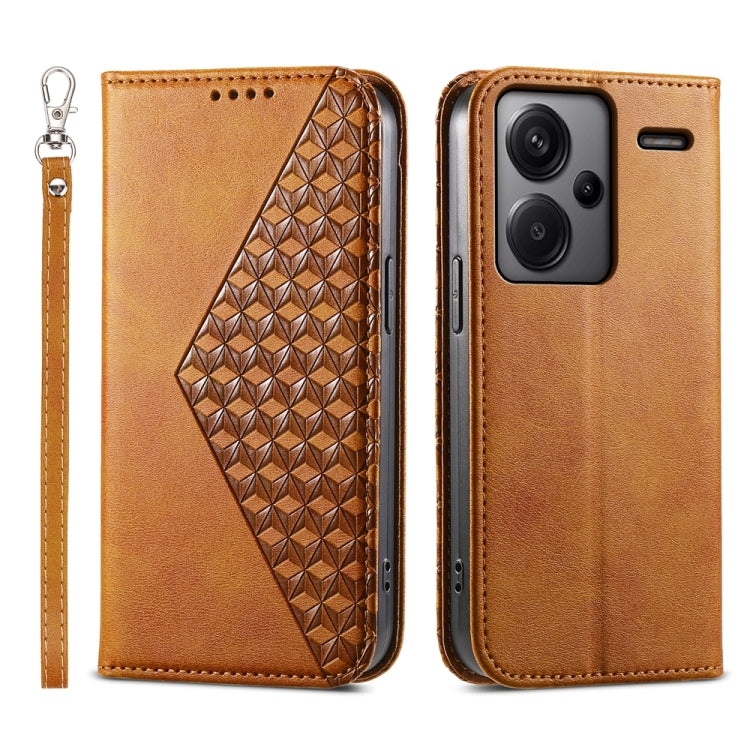 For Xiaomi Redmi Note 13 Pro+ Cubic Grid Calf Texture Magnetic Leather Phone Case(Yellow) - Note 13 Pro+ Cases by buy2fix | Online Shopping UK | buy2fix