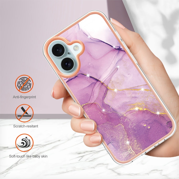 For iPhone 16 Electroplating Marble Pattern Dual-side IMD TPU Shockproof Phone Case (Purple 001) - iPhone 16 Cases by buy2fix | Online Shopping UK | buy2fix