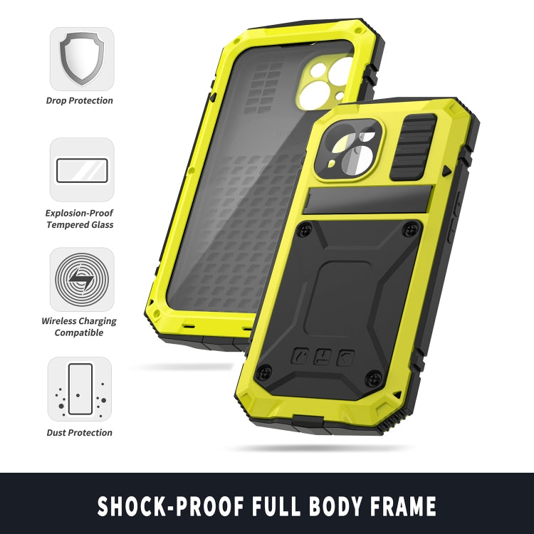 For iPhone 15 R-JUST Shockproof Life Waterproof Dust-proof Metal + Silicone Phone Case with Holder(Yellow) - iPhone 15 Cases by R-JUST | Online Shopping UK | buy2fix