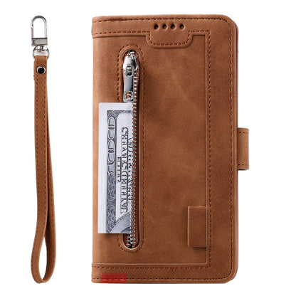 For iPhone 16 Nine Card Zipper Bag Leather Phone Case with Lanyard(Brown) - iPhone 16 Cases by buy2fix | Online Shopping UK | buy2fix