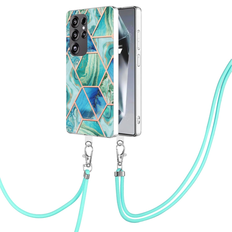 For Samsung Galaxy S25 Ultra 5G Electroplating IMD Splicing Dual-side Marble TPU Phone Case with Lanyard(Green) - Galaxy S25 Ultra 5G Cases by buy2fix | Online Shopping UK | buy2fix