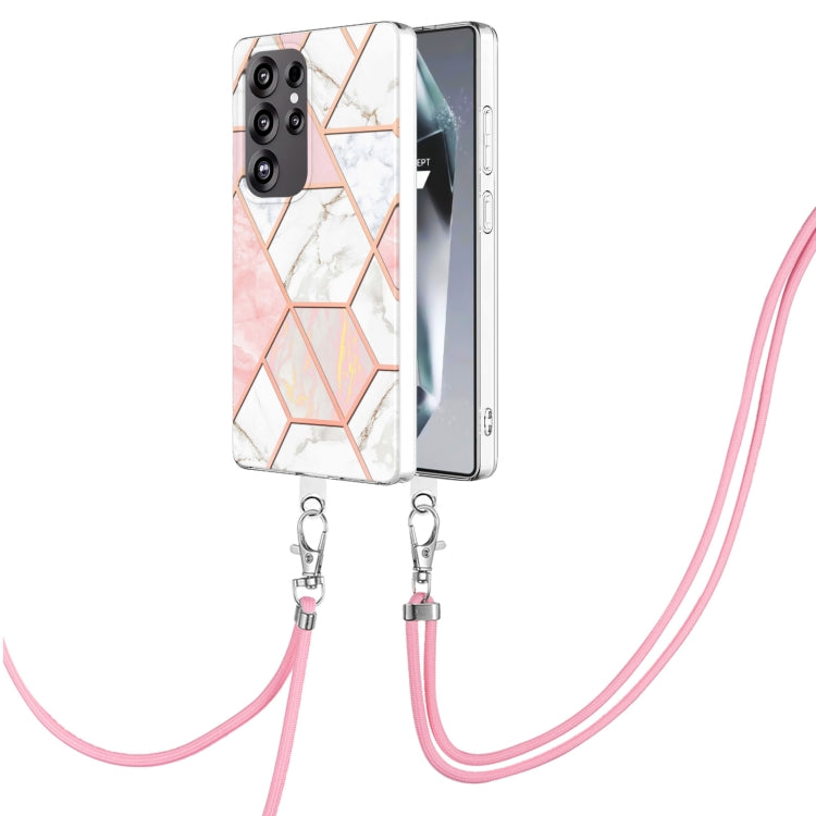 For Samsung Galaxy S25 Ultra 5G Electroplating IMD Splicing Dual-side Marble TPU Phone Case with Lanyard(Pink White) - Galaxy S25 Ultra 5G Cases by buy2fix | Online Shopping UK | buy2fix