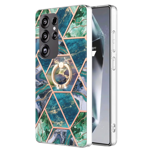 For Samsung Galaxy S25 Ultra 5G Splicing Marble Flower IMD TPU Phone Case Ring Holder(Blue Green) - Galaxy S25 Ultra 5G Cases by buy2fix | Online Shopping UK | buy2fix